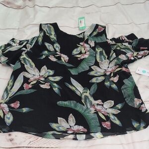 Women's Q&A Nonnie Cold Shoulder Floral Spring Flowy Black Blouse size Large